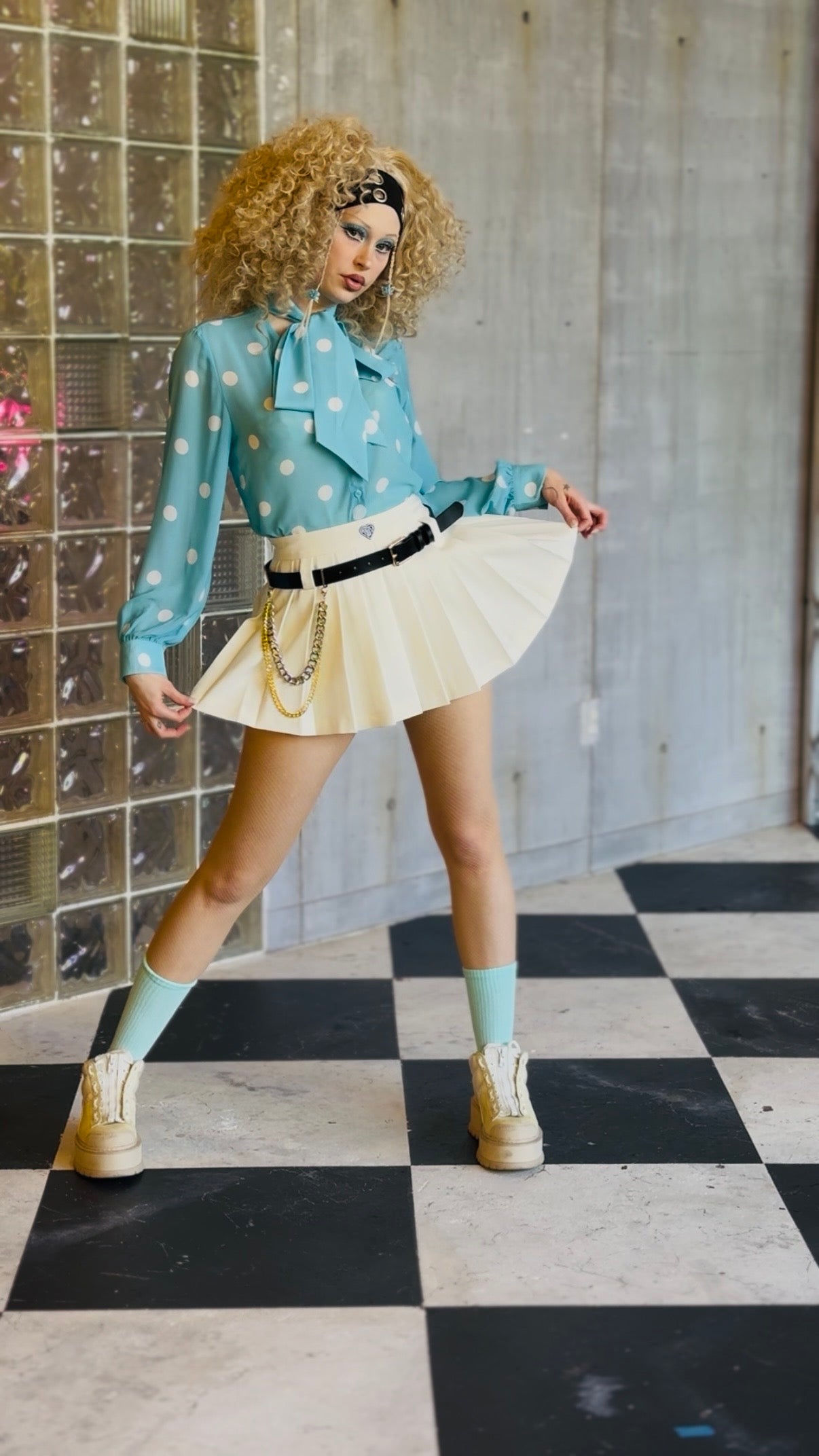 Pleated Mini Skirt with Leather Belt and Chain