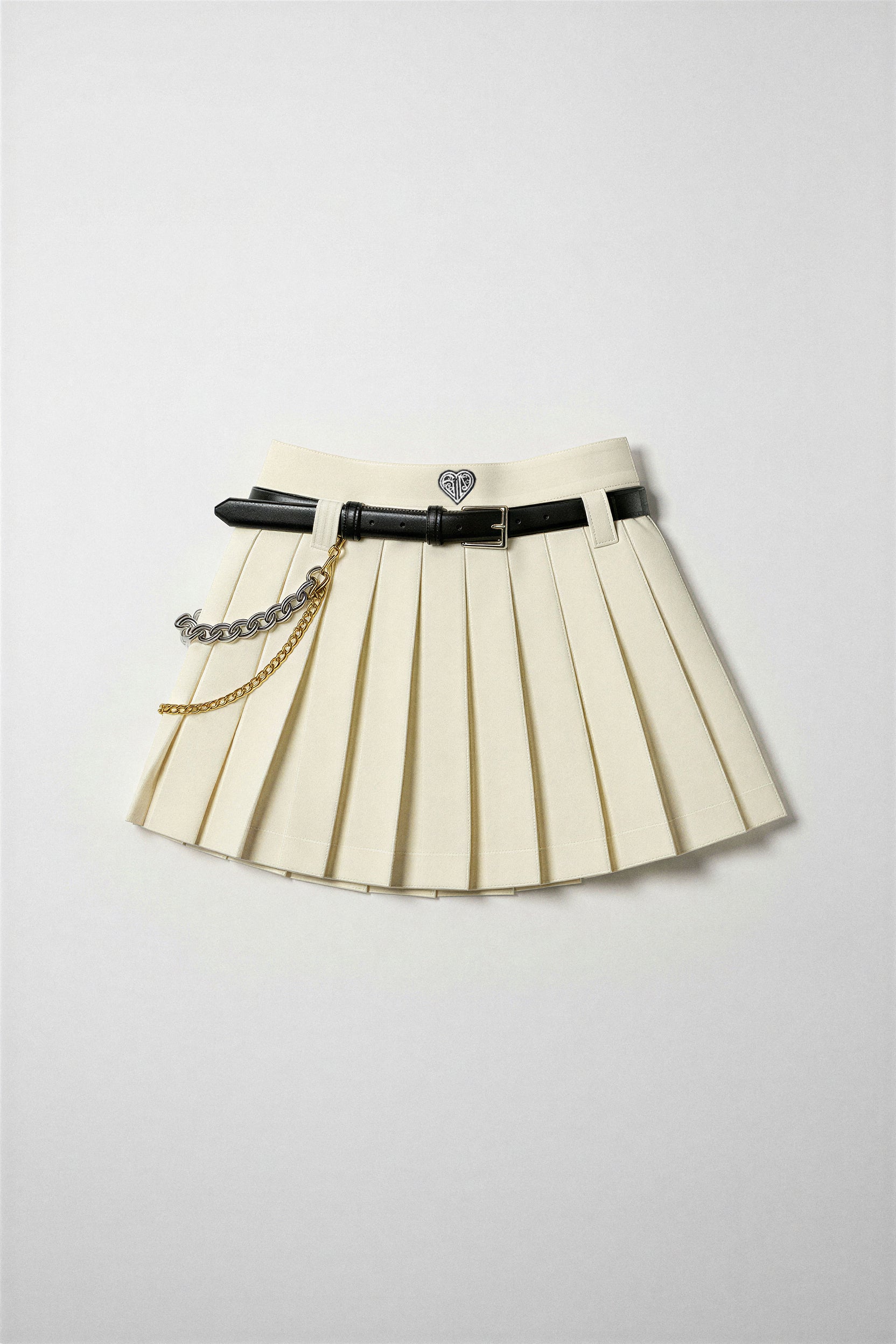 Pleated Mini Skirt with Leather Belt and Chain