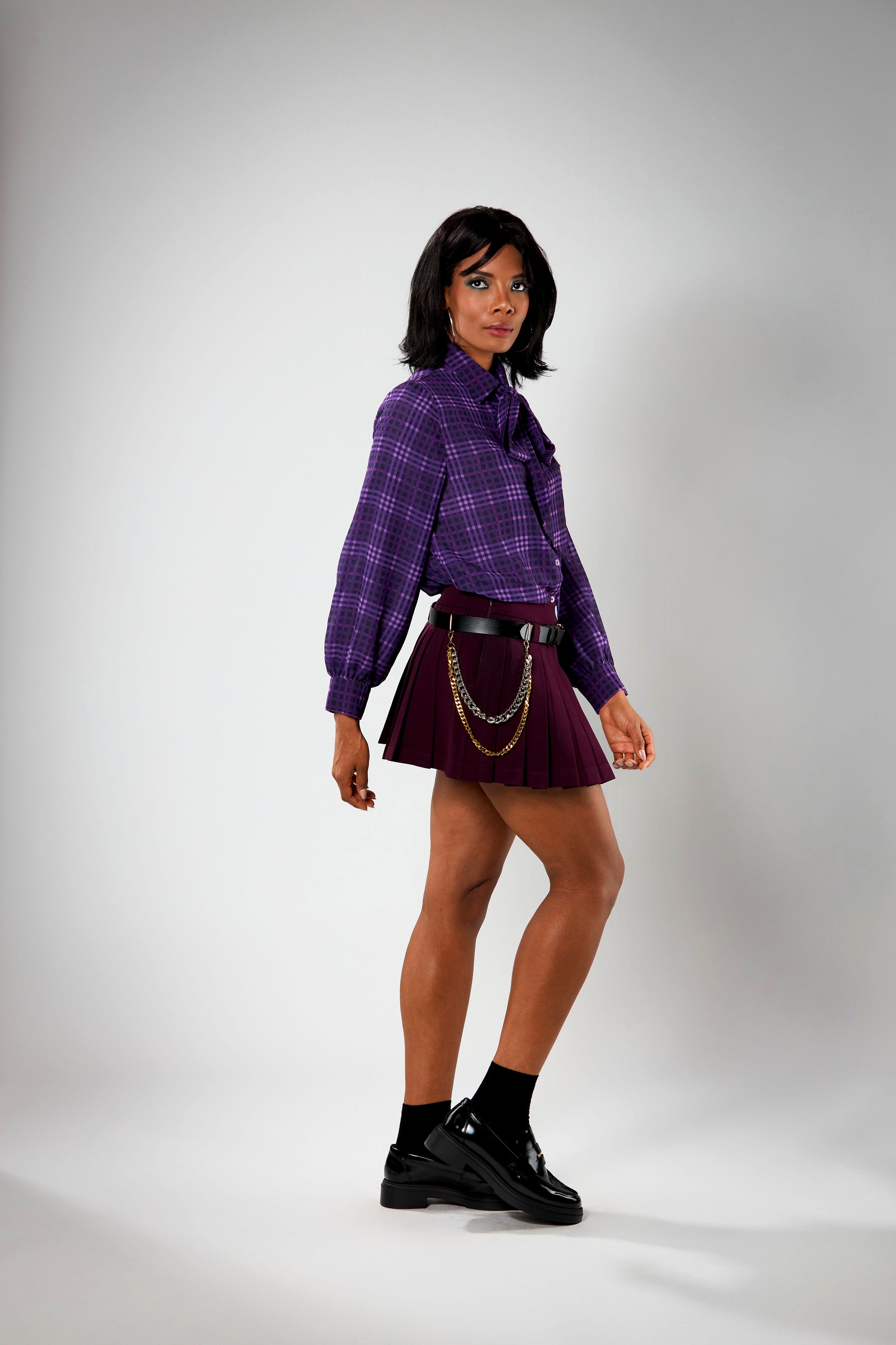 Pleated Mini Skirt with leather belt and chain