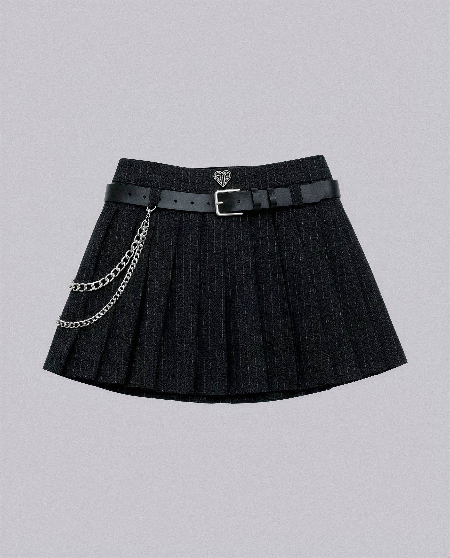 Pinstripe Pleated Mini Skirt with Belt and Chain