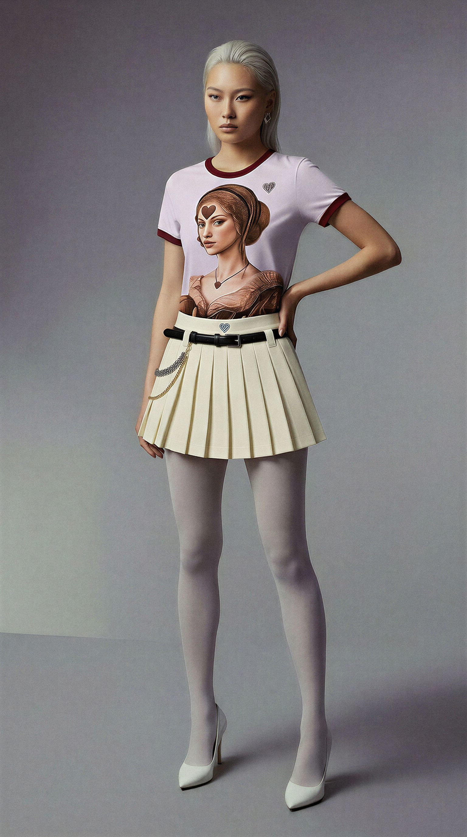 Pleated Mini Skirt with Leather Belt and Chain