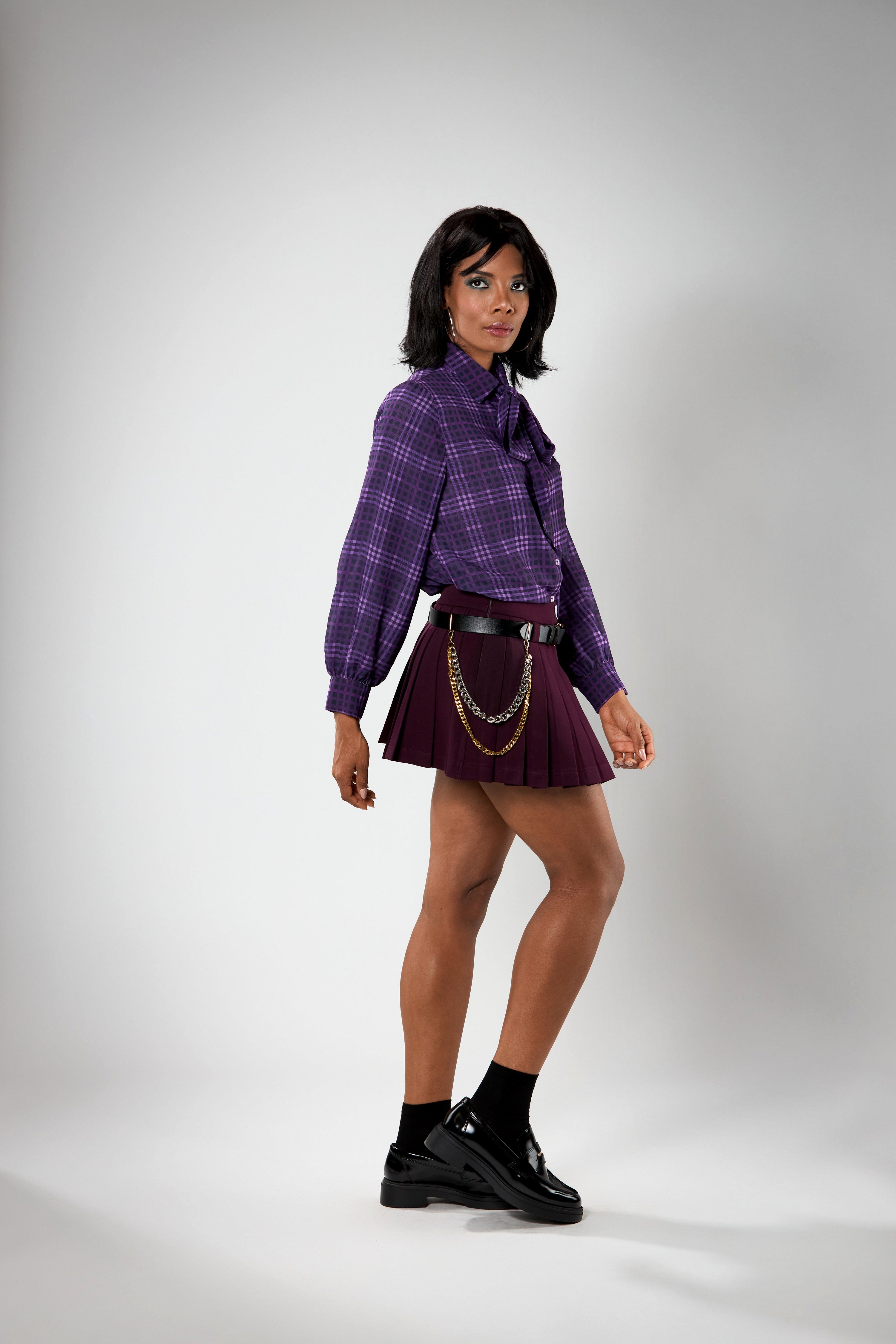 Pleated Mini Skirt with leather belt and chain